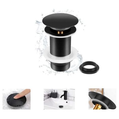 Tappo per lavandino nero senza troppopieno, Tappo universale per lavandino a scomparsa nero, Tappo di scarico senza troppopieno, Tappo di scarico senza troppopieno, Tappo a scomparsa automatico per la (1/4)
