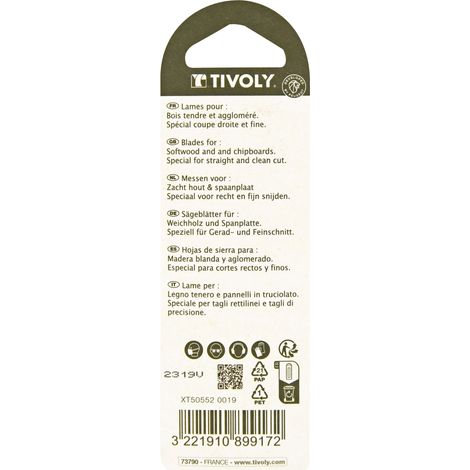Tivoly • 2 lame per seghetto alternativo • Taglio dritto • Taglio preciso • Attacco tipo T • Per tagliare legno tenero • Per tagliare legno truciolare