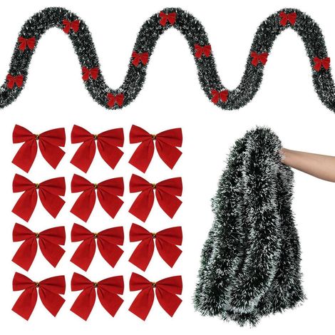 Guirlande de Noël 10m vert foncé avec 24 nœuds rouges, guirlande artificielle de sapin avec neige