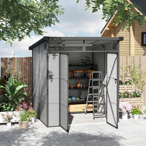 Armoire, en plastique, étanche, verrouillable, avec porte, gris clair, 190 x 191 x 215 cm, pour jardin et terrasse, rangement pratique