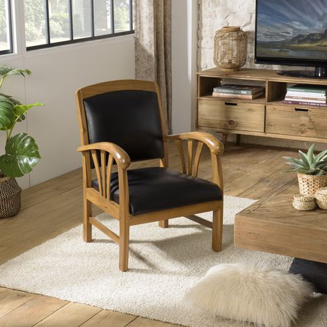 DAK - Fauteuil en bois de teck et cuir noir (1/7)