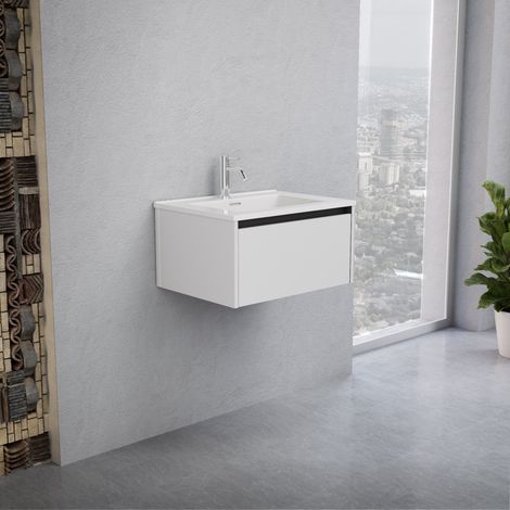 Inda - Badezimmerschrank 1 Schublade B.60 mit glänzendem Waschbecken / Weiß glänzend - Smeraldo (1/5)