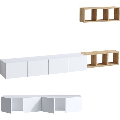 Mueble de TV 4 puertas blanco con estantería de roble L215 cm - PIA (1/4)