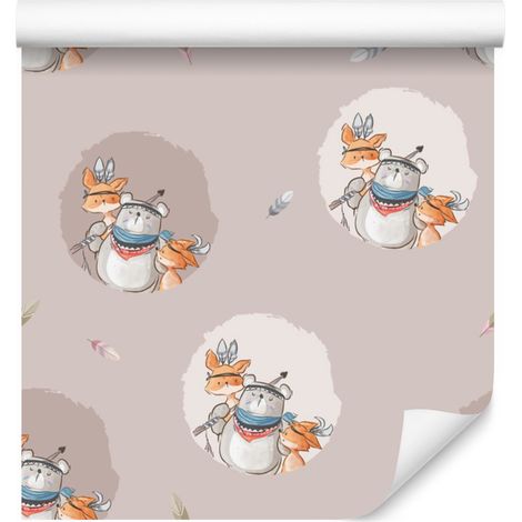 Papel pintado de zorros y osos indios para salón y dormitorio, 50x1000 cm. (1/5)