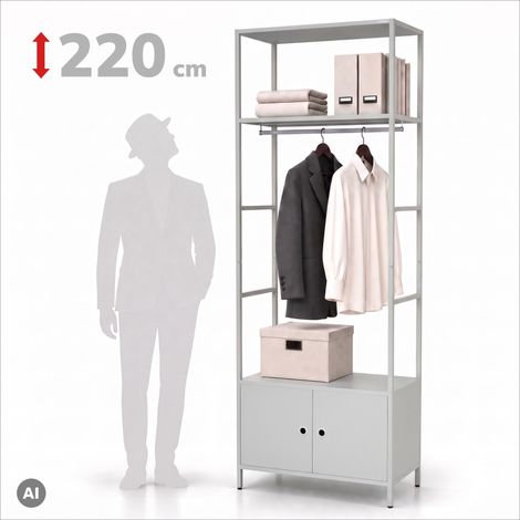 Büroregal offen mit Kleiderstange, für Empfang und Wartebereich, aus Metall, grau, 800x2200x400 mm: ARIEL