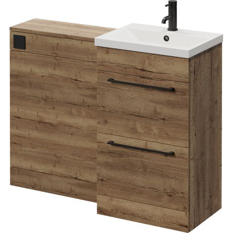 Napoli 390 Cento Tobacco Oak 1100mm 2 Drawer Vanity Unit Toilet Suite with Glide Basin - 1100mm - Matt Black 320mm HandleWithout Kingston Toilet Pan