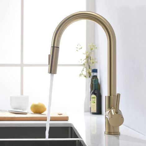 Robinet de cuisine en or brossé avec douchette extractible Robinet de cuisine pivotant à 360 degrés pour mitigeur d'évier de cuisine (1/4)