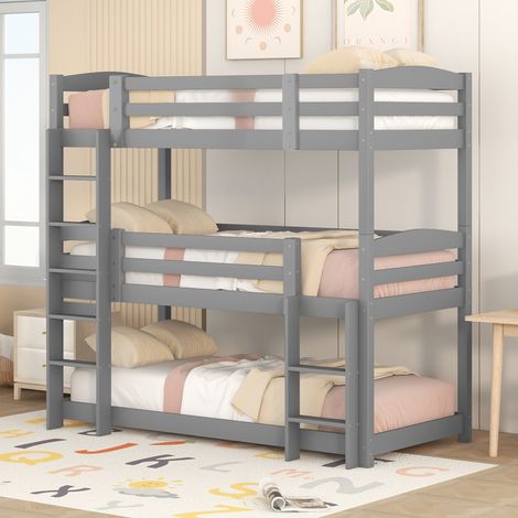 Lit superposé 3 places 90x200 cm en bois - Lit triple gain de place avec 2 échelles pour enfant - Sans matelas (1/5)