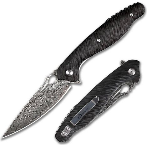 Damast Taschenmesser mit Ebenholzgriff, VG10 Stahl, Liner-Lock, für Outdoor & Camping