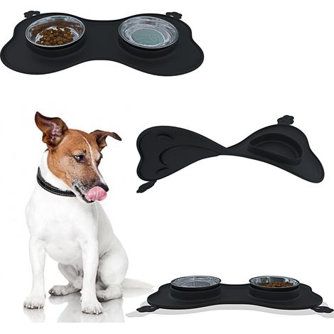 Ciotole Per Cani Gatti 3 In 1 Doppia Ciotola In Acciaio Inox Cibo Croccantini Alimentazione Acqua Tappetino In Silicone Sottociotola Antiribaltamento Antiscivolo Con Ventose (35 x 25 Cm, Nero) - Color (1/5)