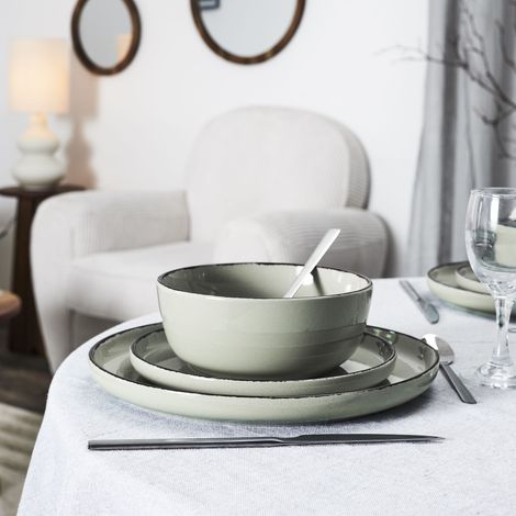 The Home Deco Factory – Service vaisselle 12 pièces en grès – 4 assiettes creuses, 4 plates, 4 à dessert – Aspect artisanal vert – Pour table authentique (1/5)