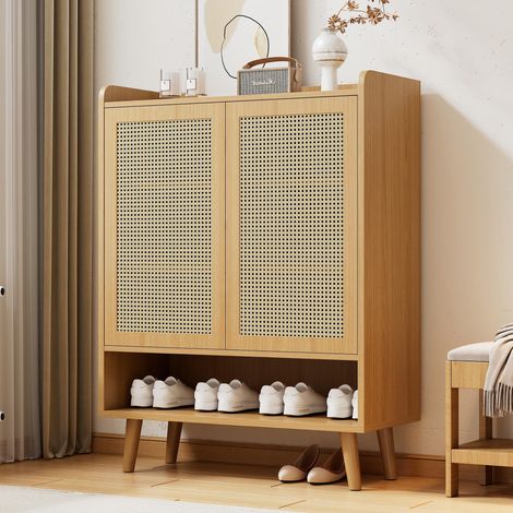 Mobile per scarpe 80 cm in rattan con 2 porte in rattan e 5 mensole, mobile per scarpe da ingresso in legno, naturale