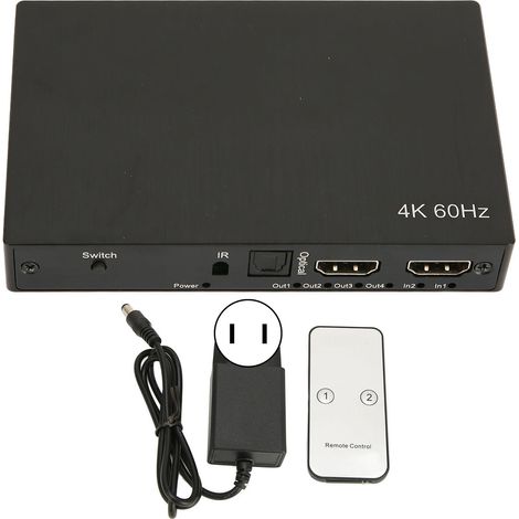 Sélecteur et répartiteur matriciel HDMI 4K 2 entrées 4 sorties avec télécommande, prise US, audio SPDIF et jack 3.5mm (1/5)