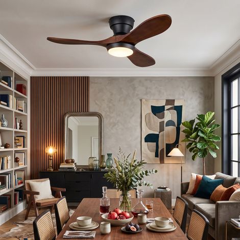 Creahappy Ventilateur de Plafond avec Lumière LED Ø 90 cm - Moteur DC Silencieux Réversible - 3 Pales Bois Massif - Noir et Noyer Foncé (1/5)