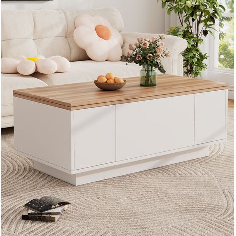 Couchtisch aus Spanplatte 100 x 50 x 55,5 cm weiß und Holzoptik, mit doppelter Hubfunktion und Stauraum (1/5)