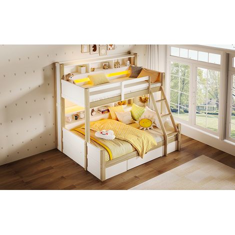Lit superposé, 90x200cm+140x200cm, échelle, garde-corps, plusieurs casiers ouverts, position de l’échelle optionnelle, 1 tiroir, bande lumineuse LED, sans matelas, blanc + naturel