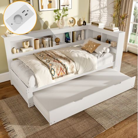 lit simple 90x200 avec lit gigogne USB blanc OKMYHOME (1/5)
