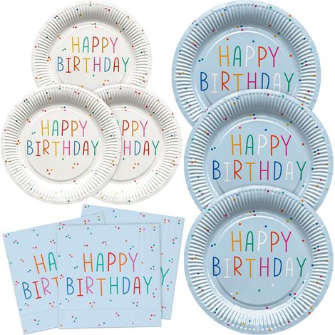 Assiettes en papier et Serviettes pour 16 personnes Bleu Happy Birthday Vaisselle de fête jetables pour fêtes d'anniversaire (1/5)