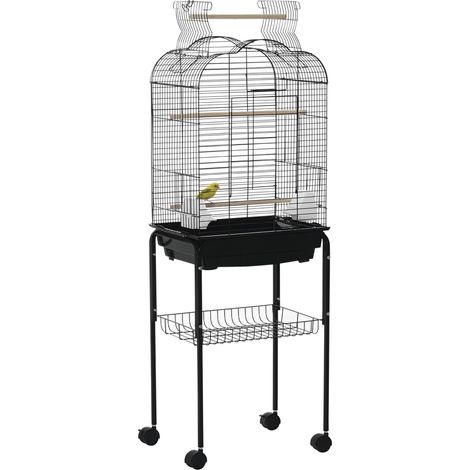 PawHut Cage à oiseaux volière pour oiseaux sur roulettes avec toit ouvrant 3 perchoirs étagère inférieure 46 x 36 x 130 cm noir