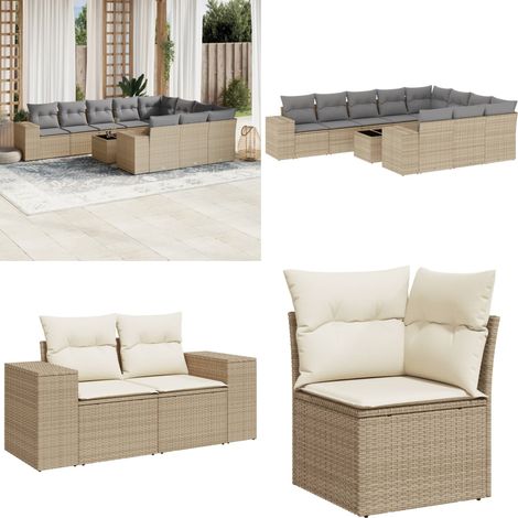 Set de sofás de jardín 11pzas con cojines ratán sintético beige - Muebles de exterior - Cojines para sofás