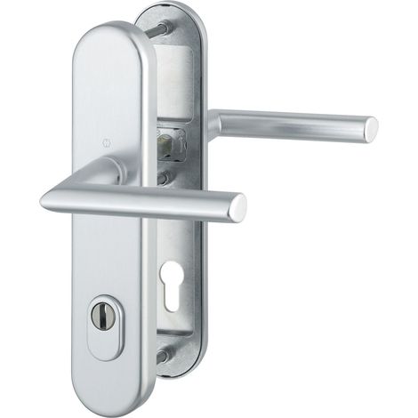 Poignée de sécurité Norme Distance 88 mm, plaque longue Profil Protection pour épaisseur de porte 62–72 mm avec Cylindre, classe 3, en aluminium anodisé Argenté, 1 pièce