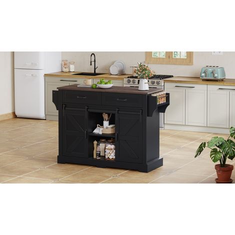 Îlot de cuisine avec îlot de travail réglable, meuble de cuisine sur roulettes, armoire de cuisine avec 2 portes coulissantes et 2 tiroirs. Conçu dans le style de la grange. (1/5)