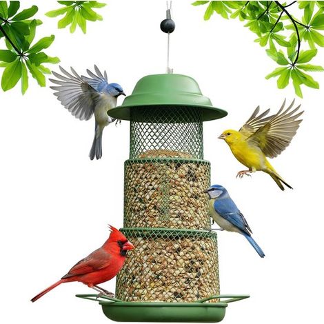 Dailygoods Hängender Vogelfutterspender, eichhörnchensicherer Metall Futterspender, Vogelfutterstation, Vogelfutterspender mit Dach und 360° Futt (1/5)