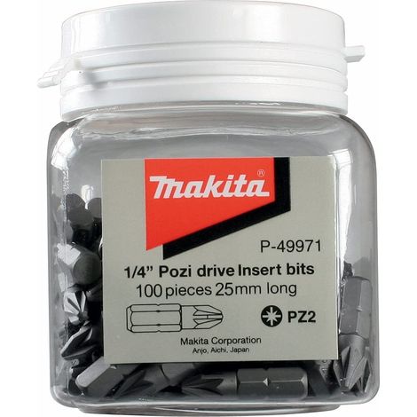 Makita x 100 Pozi No 2 25mm Hex Insert Bits In Candy Tub PZ2 P-49971 100 Pieces (1/4)