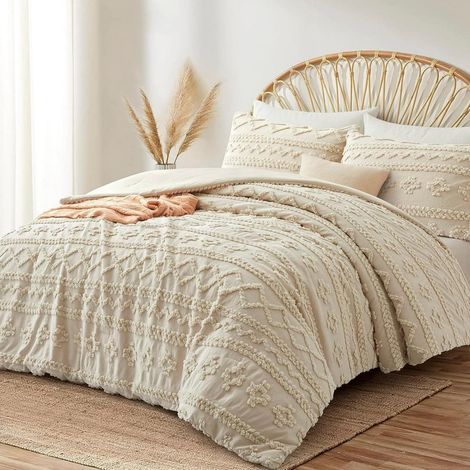 Bettwäsche-Set 155x220 Beige mit Tufting-Stickerei, Boho-Stil, 2-teilig