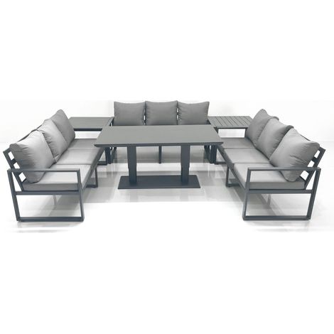 Fimous 9 Seater Garden Sofa Set Aluminium Furniture Rising Dining Tabe Set with 2 Side Tables Dark Grey (1/5)