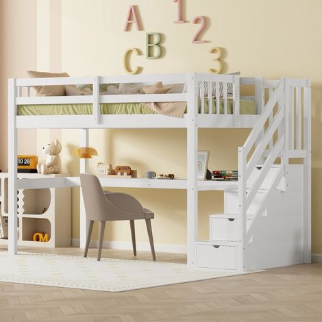 Cama alta infantil con escritorio y almacenaje blanca OKMYHOME (1/5)