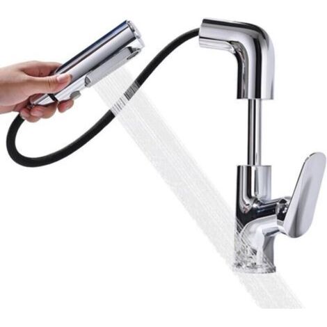 Waschtischarmatur mit ausziehbarer Brause, höhenverstellbare Waschtischarmatur, 360° schwenkbare Badarmatur mit 3 Strahlarten, Armatur aus poliertem Chrom-Edelstahl (1/4)