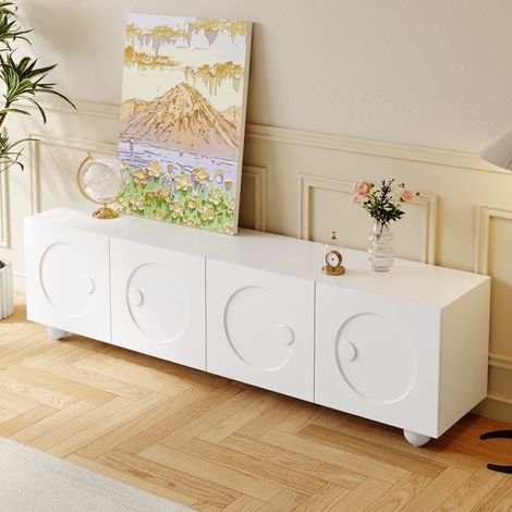 Support TV blanc moderne, meuble bas épuré, console TV design unique, panneau mural TV, 180,5 x 38 x 50 cm (L x l x H), meuble de salon blanc (1/5)