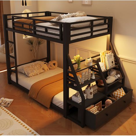 Cama litera moderna 90x200 cm de madera y metal negro con LED, estantes, 2 cajones de tela y escalera