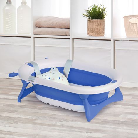 Bañera Plegable para Bebé Recién Nacido hasta 3 Años 81,5x50,5x23,5 cm con Tapón Termosensible Cojín Azul (1/5)