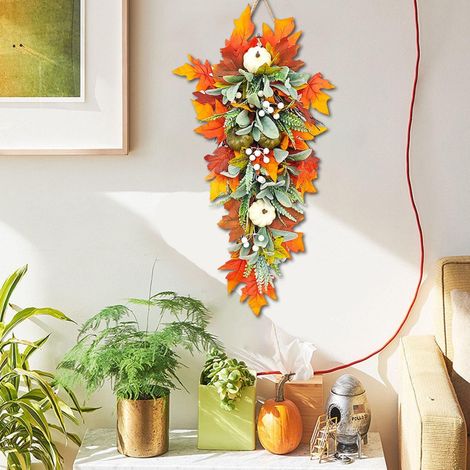 Couronne Porte Citrouille Feuille D'érable Décoration Automne Thanksgiving - Pour Porte Porche Mur Intérieur - 1 Pièce (1/5)