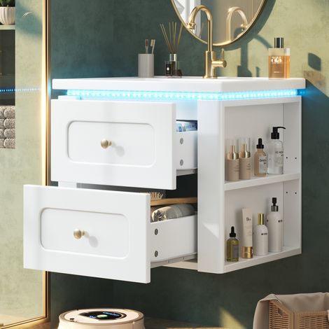 Mobile lavabo sospeso 61 x 47 x 50 cm in MDF bianco lucido con LED - CHICFURN (1/5)