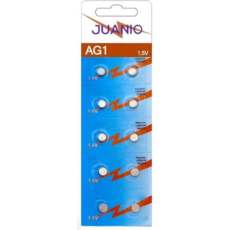 Lot de 10 piles bouton alcalines plates Type AG1/G1 compatibles LR60 LR621 SR621W 364 1,5V - Juanio - (1/2)