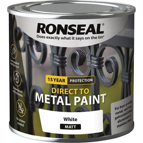 Ronseal Direct to Metal Paint White Matt 250ml - Water-Based, Showerproof