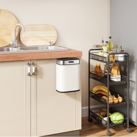 Cubo de basura de cocina 5 L 21,5x19,5x30 cm blanco crema para colgar o apoyar, inox, MEUBLIV (1/5)