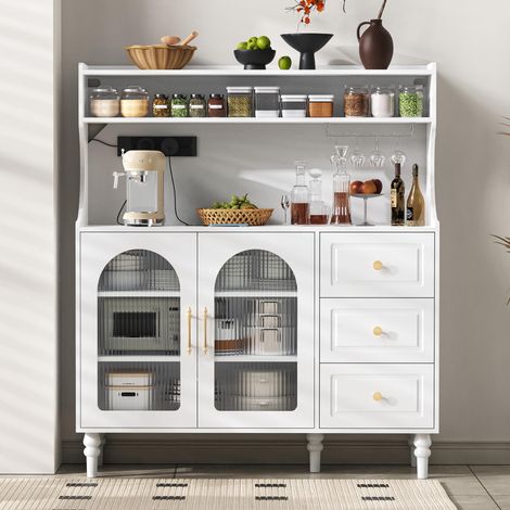 Armoire haute avec prises et tiroirs, meuble bar avec porte-verres à vin et espace de rangement, buffet de cuisine avec étagères réglables, idéal pour la cuisine et la salle à manger (blanc)
