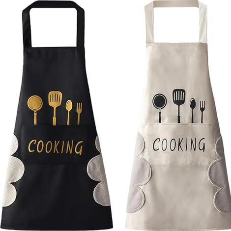 Delantales de cocina para mujer (juego de 2 piezas) - Regalo de boda para parejas  Delantales impermeables y ajustables con paño de cocina y doble bolsillo - Ideales para cocinar en casa, jardinería y (1/5)