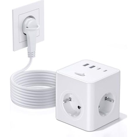 Cube Prise Multiprise - 4 Prises Européennes 2500 W - 2 USB-C 5 V 3 A - 2 USB-A 5 V 2,4 A - Câble 1,5 M - Blanc (1/5)