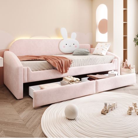 Lit enfant 90 x 200 cm avec rangements, LED, coussin lapin et velours rose DESVIAE (1/5)