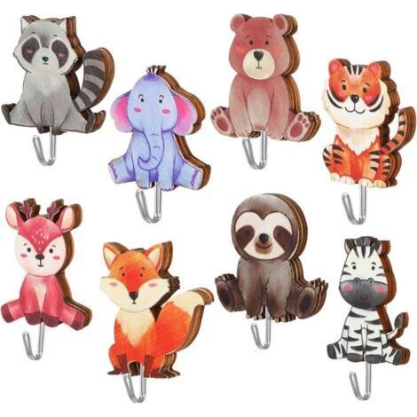 8 Pack Wooden Wall Hooks, Cute Animal Design, Color: Elephant, Lion, Fox, Little Bear, for Bedroom, Bathroom, Kitchen (1/5)