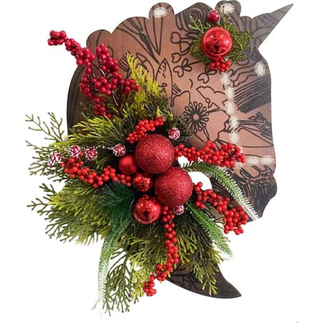Guirlande Porte Noël - Tête De Cheval En Bois Avec Fleurs Artificielles - Décoration Murale Pour Fêtes - 1 Pièce (1/5)