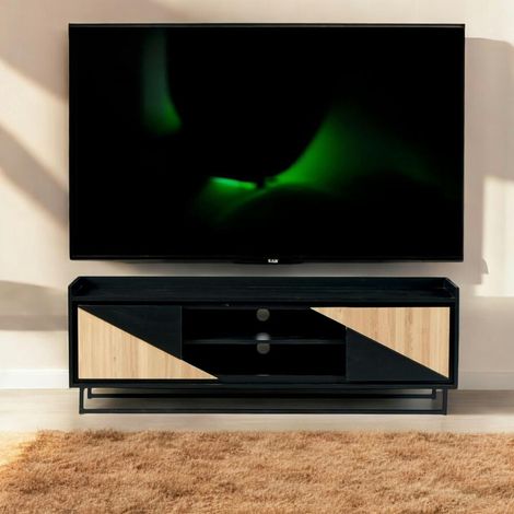 Meuble TV 2 portes bois noir et blanc ANINA (1/4)