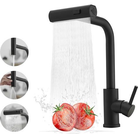 Robinet Cuisine Noir – Pulvérisateur Extractible, Cascade – 3 Fonctions, Acier Inoxydable (1/5)