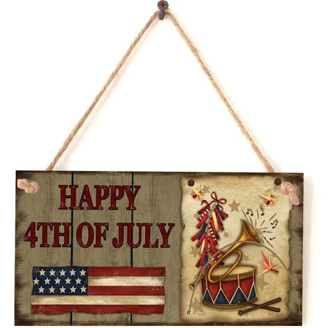 Panneau Porte Americain - En Bois - Pour Fete De L'independance - Dimensions 20,3 X 10,8 X 0,7 Cm - 1 Unite