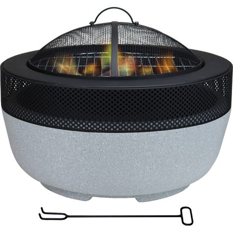 Braciere BBQ 2 in 1 da Esterno con Griglia – Focolare Rotondo in Acciaio e Pietra Naturale, 56 cm – Braciere a Legna con Coperchio Parascintille per Giardino e Terrazzo (1/5)